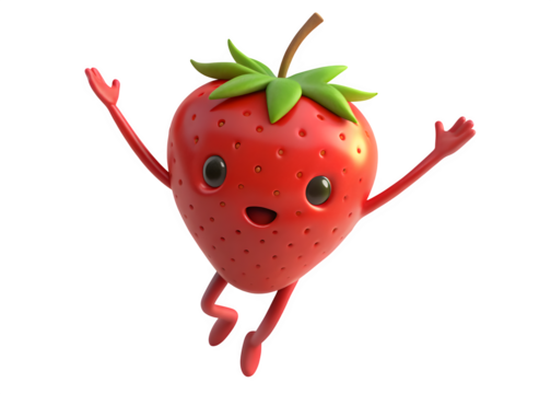 Happy cartoon strawberry character dancing with joy isolated on transparent background