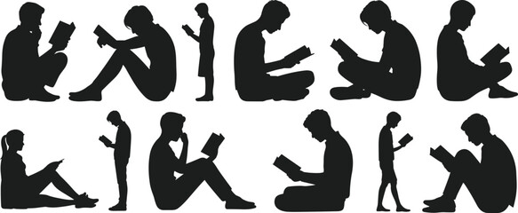 Silhouettes of people reading books — students, kids, and adults in seated and standing poses for education, learning, and literacy themes