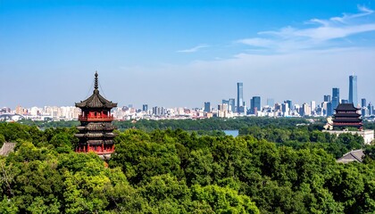 Fototapeta premium Ancient tower overlooking modern city