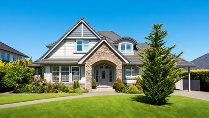 Charming tudor style house with lush green lawn and blue sky