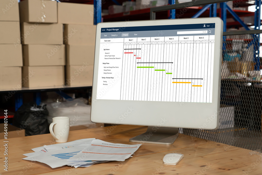 Poster project planning software for modish business project management on the computer screen showing time