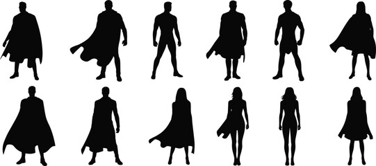 Superhero silhouette collection, dynamic poses, cape action, heroic stance, comic character design, vector illustration, black figure icons, costume variety
