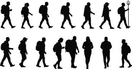 Walking people silhouettes, men and women with backpacks, casual travel poses, hiker outline collection, vector cad drawing, black clipart pack