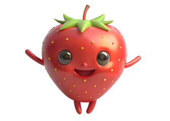Fototapeta premium Cute cartoon strawberry character with happy expression isolated on transparent background