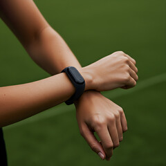 Wrist wearing fitness tracker on green background