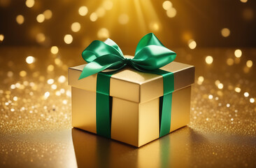 Gift in gold paper with green bow