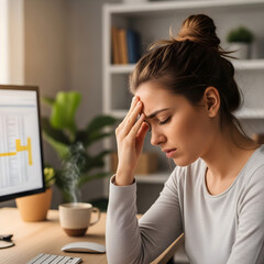 Young woman suffering headache at home office desk