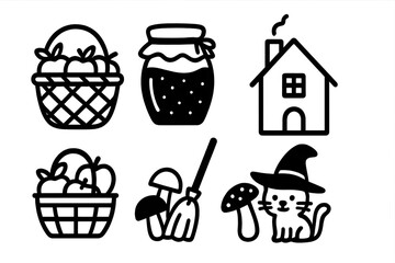 A Collection of Seasonal Icons Featuring Baskets, Honey, a House, and Whimsical Elements Depicting Nature and Home Life isolated on white or transparent png