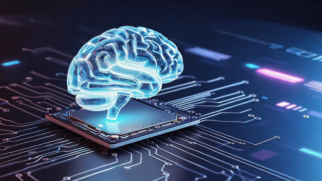 Abstract glowing AI brain above a data chip, surrounded by soft tech lights, representing digital intelligence and machine learning - Powered by Adobe