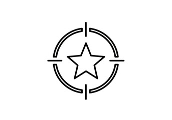 A simple black and white line art illustration of a star within a target or crosshair symbol, isolated on a white background, vector illustration