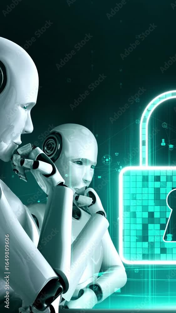 Poster ai robot huminoid uses cloud computing technology to store data on online server . futuristic concep