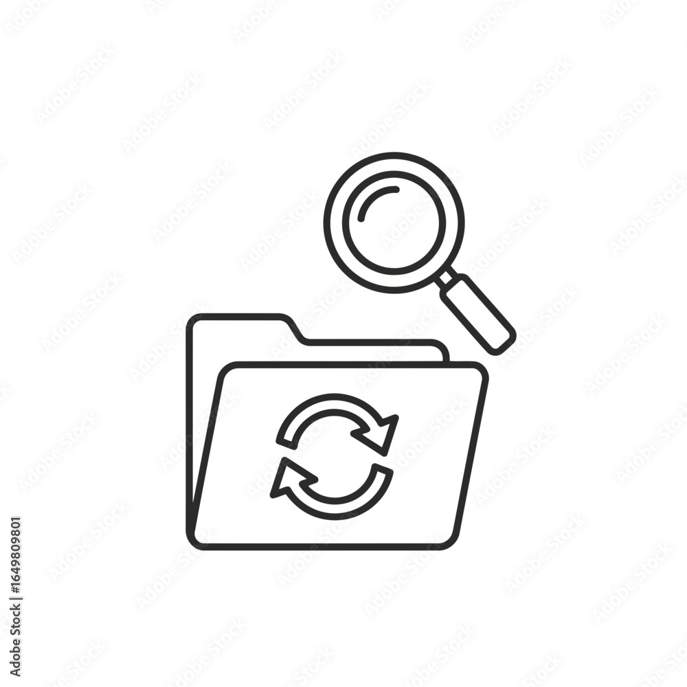 Poster folder with refresh arrows and magnifying glass icon, representing data search and update processes,
