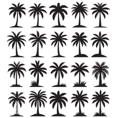Collection of Silhouetted Palm Trees on a White Background, Vector Illustration