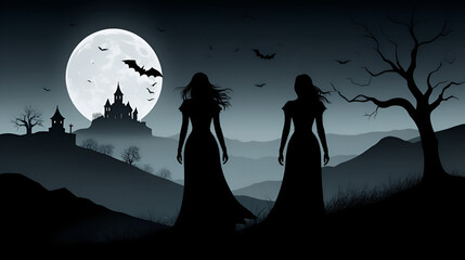 A haunting banshee silhouette in a dark, moody landscape, perfect for halloween-themed designs with copy space. Banshee. Illustration