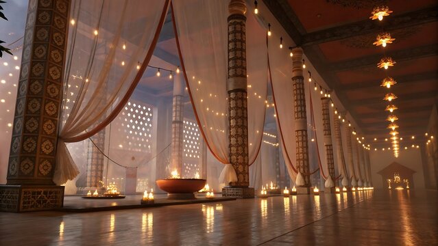 Warmly lit hallway with elegant drapes and romantic candlelight - Powered by Adobe