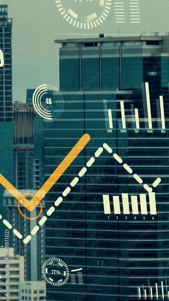Poster business data analytic interface fly over smart city showing alteration future of business intellige