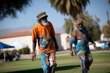 Fototapeta premium Aboriginal artists walking and showing traditional body painting
