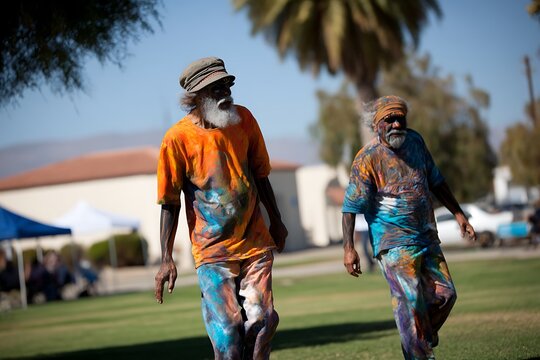 Aboriginal artists walking and showing traditional body painting