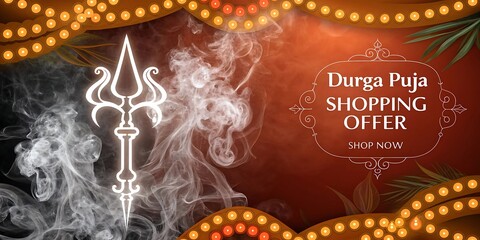 Durga puja shopping offer with divine trident and festive lights