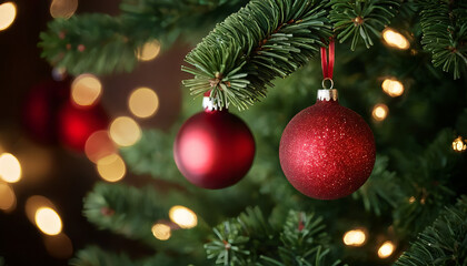 Fototapeta premium christmas tree decoration Close Up of Red Christmas Ornament on Pine Branch with Festive Lights