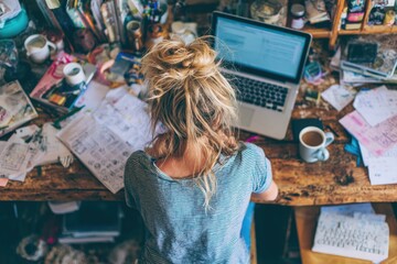 Fototapeta premium Woman working at a cluttered desk.