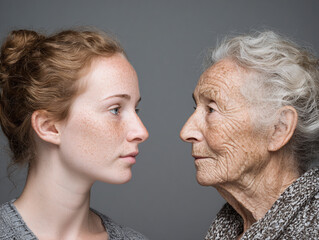 portrait of young and aged women facing each other. contrast and comparison of youth and old age, freshness and withering.