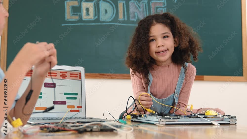 Poster diverse student working electronic board while laptop screen display coding engineering prompt and p