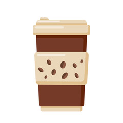 Vector illustration of a cup of coffee in a flat style. Travel glass with a lid with a hot drink.
