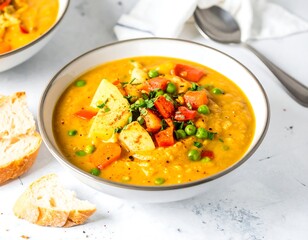 Creamy orange soup with vegetables and bread