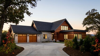 Modern rustic log cabin style home with stone accents and double garage