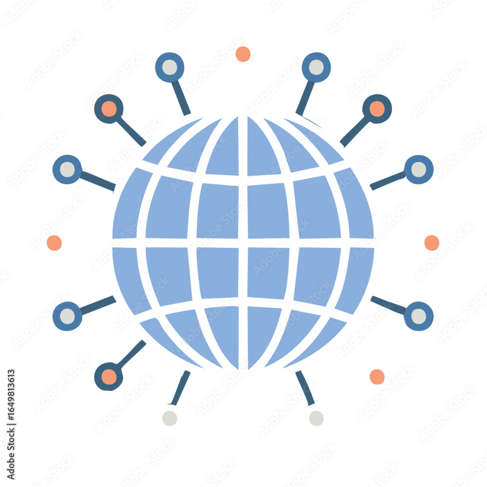 Poster globe icon surrounded by connected nodes symbolizing global network, communication, or internet conn
