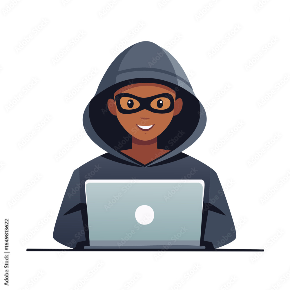 Poster cartoon hacker with hood using laptop computer for cybercrime