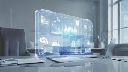 Floating digital interface hologram with SaaS icons and graphs above sleek workspace, modern tech concept