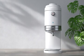 White modern water dispenser against a light gray wall.