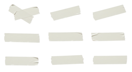 Collection of various torn and cut pieces of white masking tape isolated on transparent background