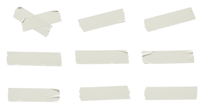 Collection of various torn and cut pieces of white masking tape isolated on transparent background
