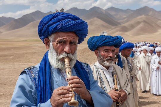 Afghan musicians playing traditional instruments in a desert landscape