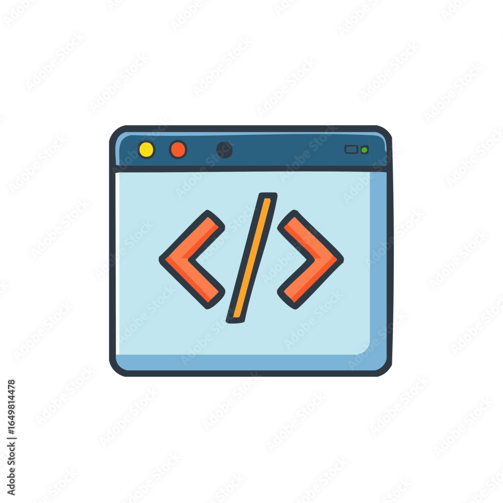 Poster illustration of coding window with bracket symbol for web development applications