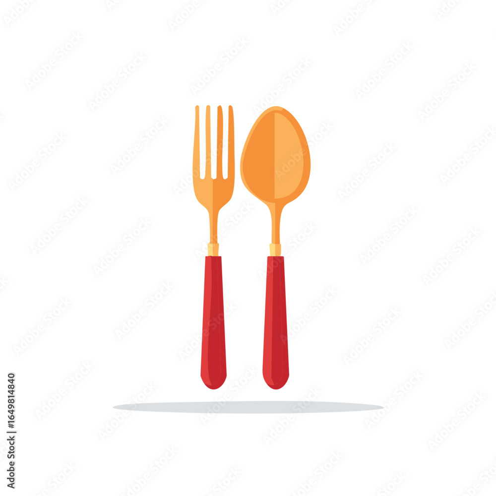 Poster flat lay of golden spoon and fork utensils with red handles on white backdrop