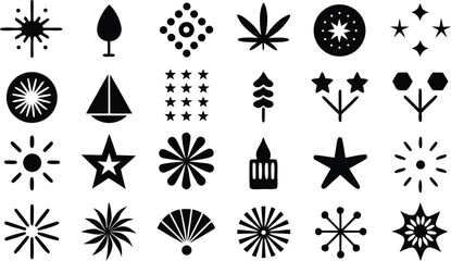 Vector art of variety of black celebration icons including starbursts, snowflakes, trees, stars, and candles isolated on white background