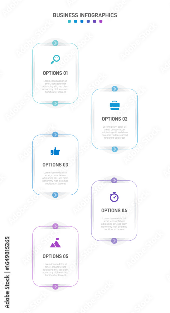 Poster vertical progress bar featuring 5 arrow-shaped elements, symbolizing the five stages of business str