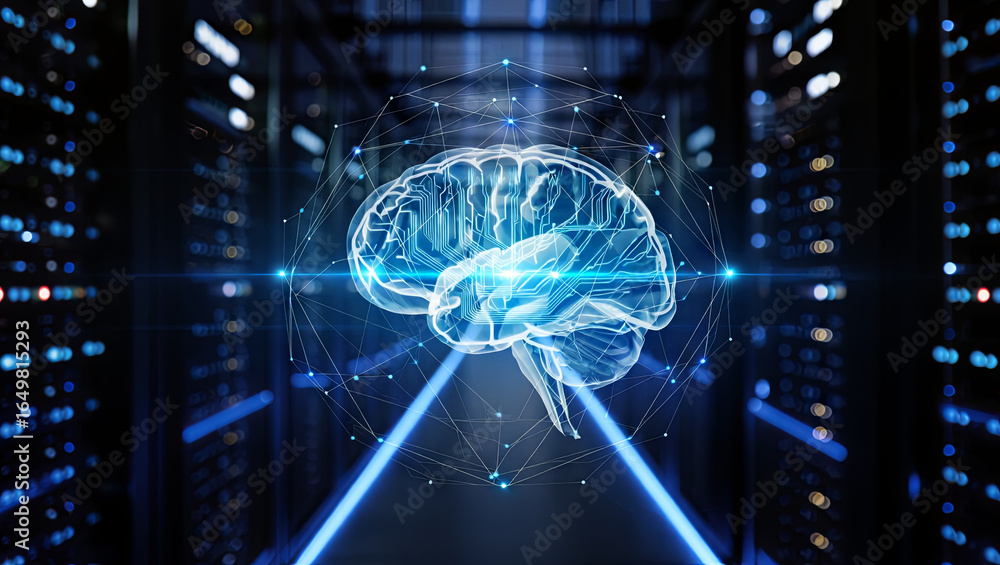 Poster a digital image displays a glowing brain with lines and networks, set in a data center of server rac