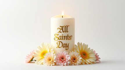 Elegant all saints day candle adorned with delicate gerbera flowers, isolated on white background, evoking a sense of peace, remembrance, and spiritual reflection