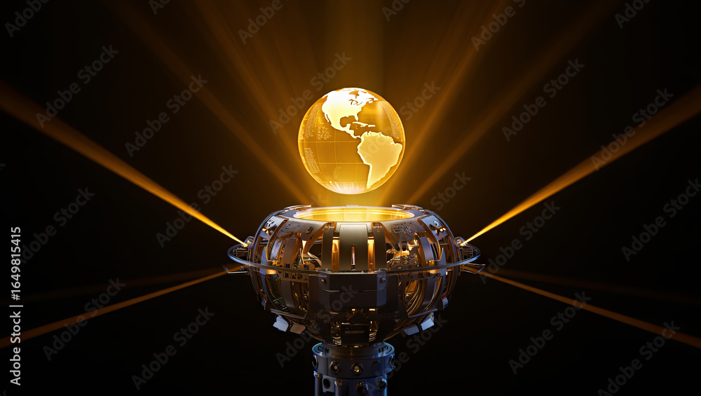 Poster a glowing golden globe symbolizing earth is elevated above a high-tech base, surrounded by bright ra