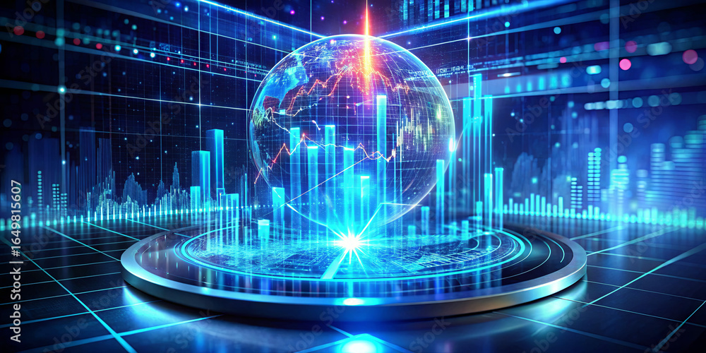 Poster a vibrant display of global financial data in a three-dimensional format. charts and graphs illustra