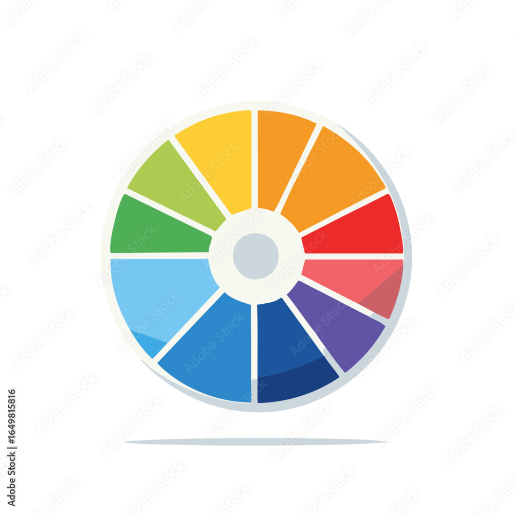 Poster colorful chart wheel with gradient spectrum sectors and central hub, graphic design resource for art