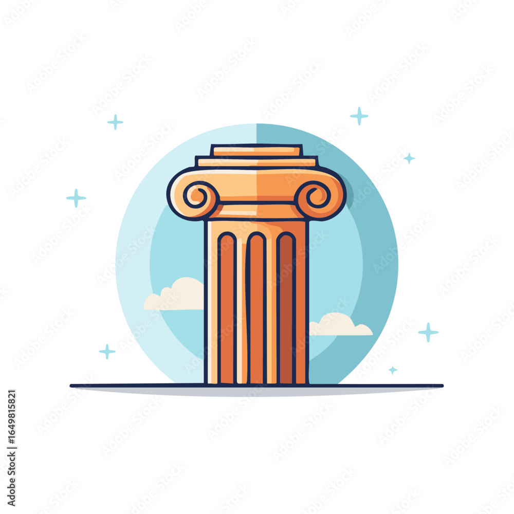 Poster ancient architecture illustration with ionic column against a blue circular sky with clouds and star