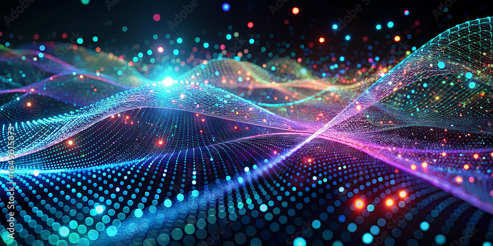 Poster vibrant waves of color undulate in a dark environment, symbolizing the interplay of sound and light.