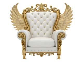 Ornate white throne chair with golden wings isolated on transparent background