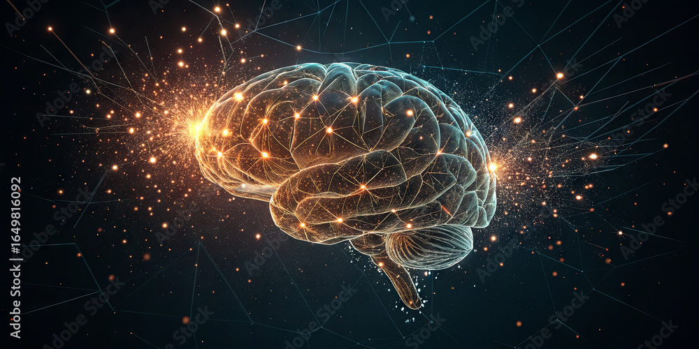 Poster a brain is depicted with glowing neural connections radiating light, representing the complexity of 